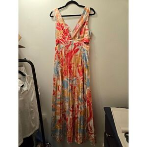 SHEIN Floral Print V Neck Maxi Dress Pleated Cutout‎ Waist Size L